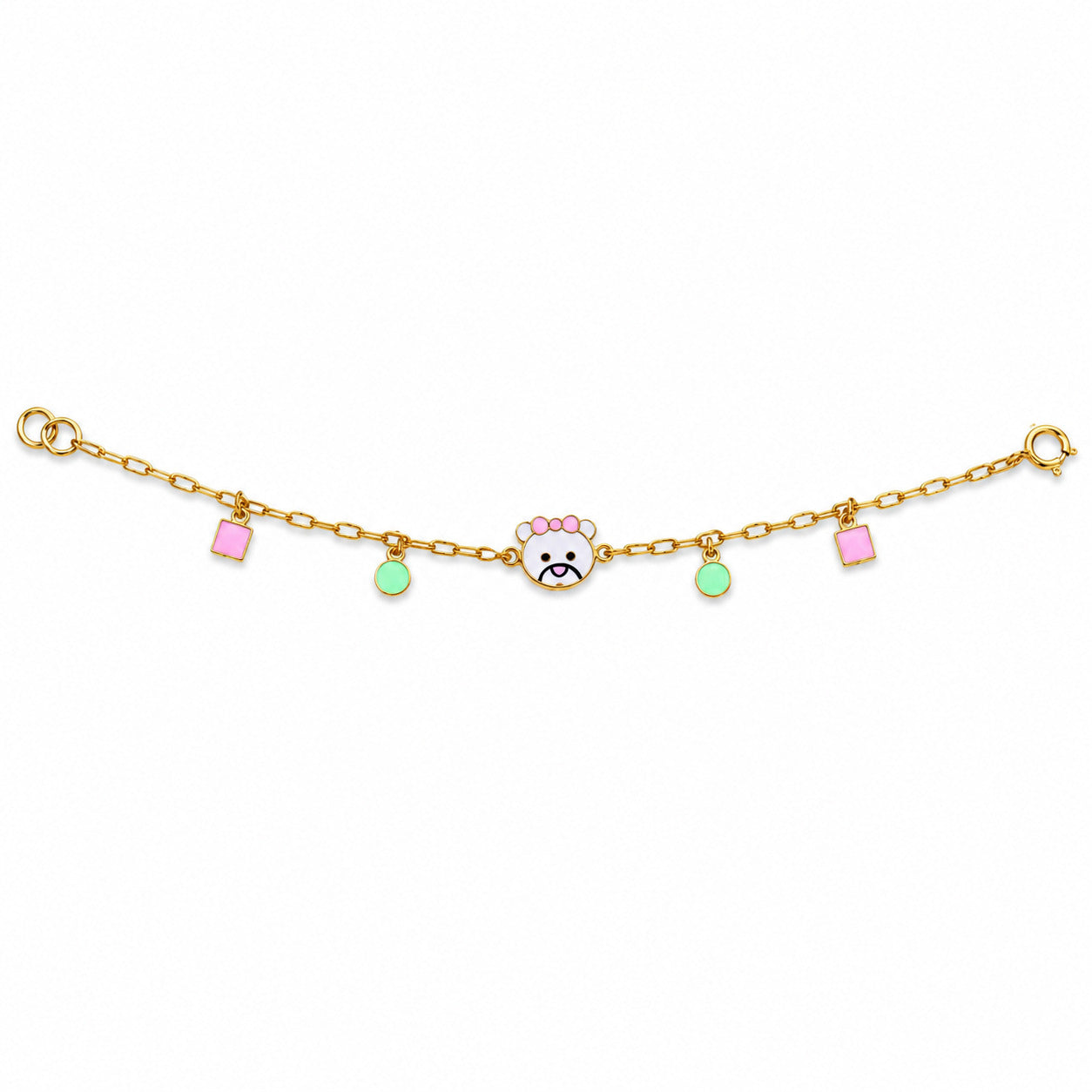 Kids gold bracelet with a cute animal face and pink and mint geometric charms