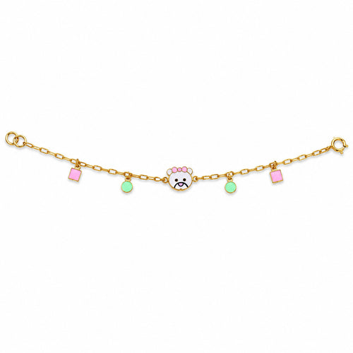 Kids gold bracelet with a cute animal face and pink and mint geometric charms