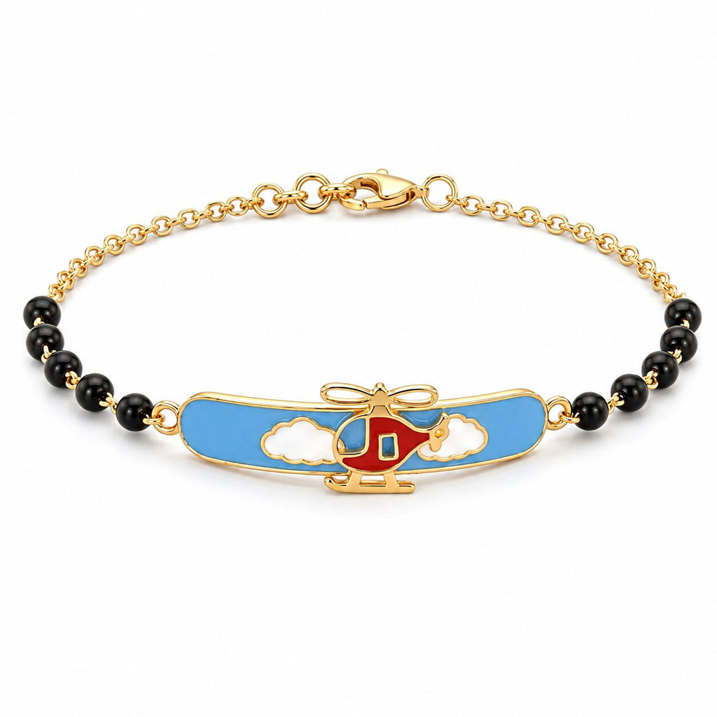 Kids gold bracelet with a colorful helicopter centerpiece and black beads