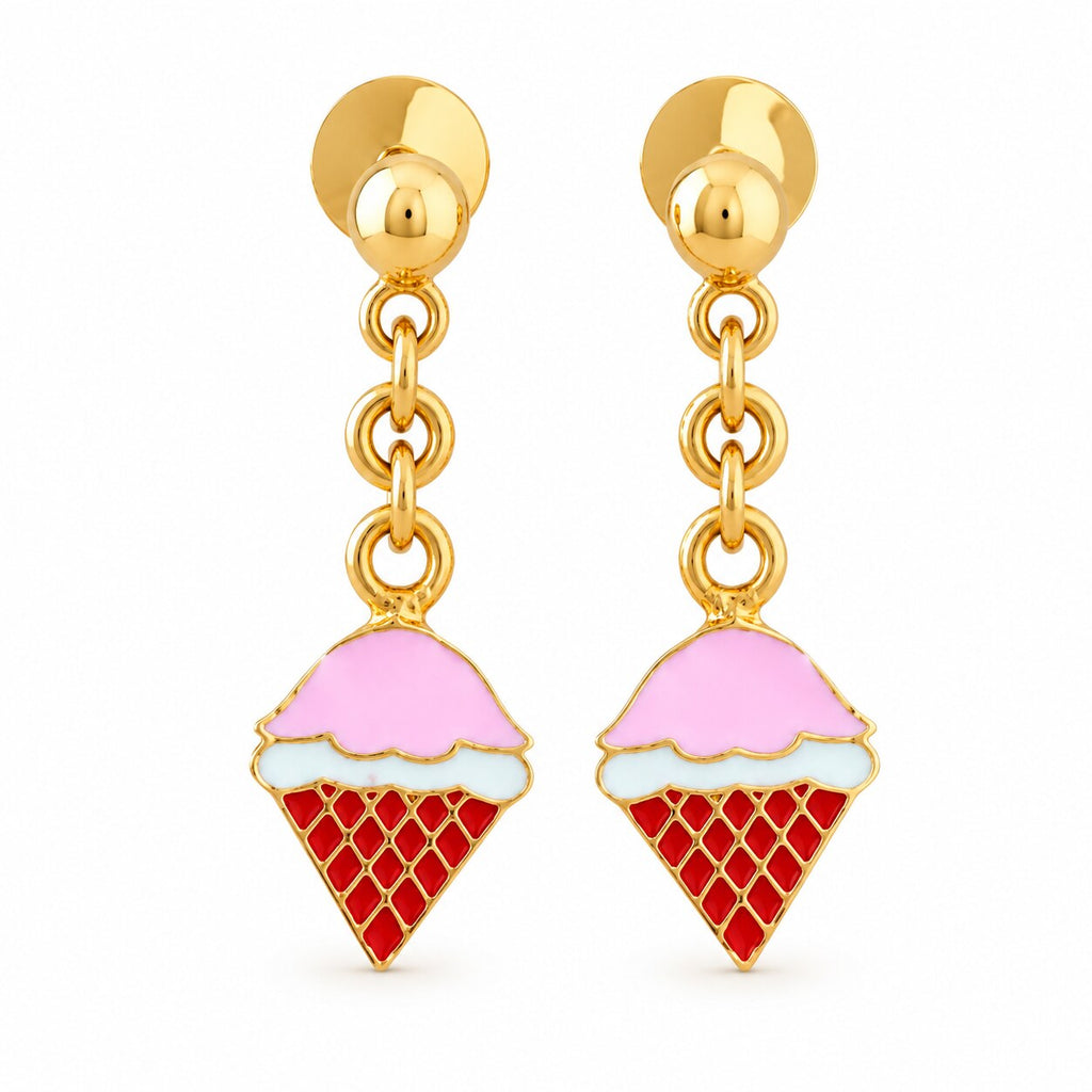 Kids gold drop earrings with pink and red ice cream cone charms