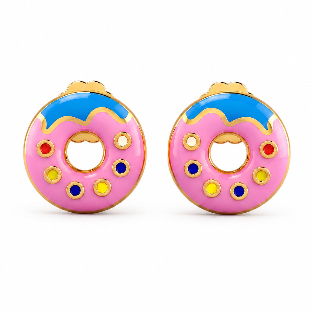 Kids gold donut stud earrings with pink, blue, and multicolor details on a white background