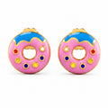 Kids gold donut stud earrings with pink, blue, and multicolor details on a white background