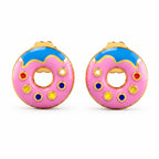 Kids gold donut stud earrings with pink, blue, and multicolor details on a white background