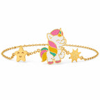 Kids gold bracelet with a multicolor unicorn, smiling star, and initial K charm on a white background