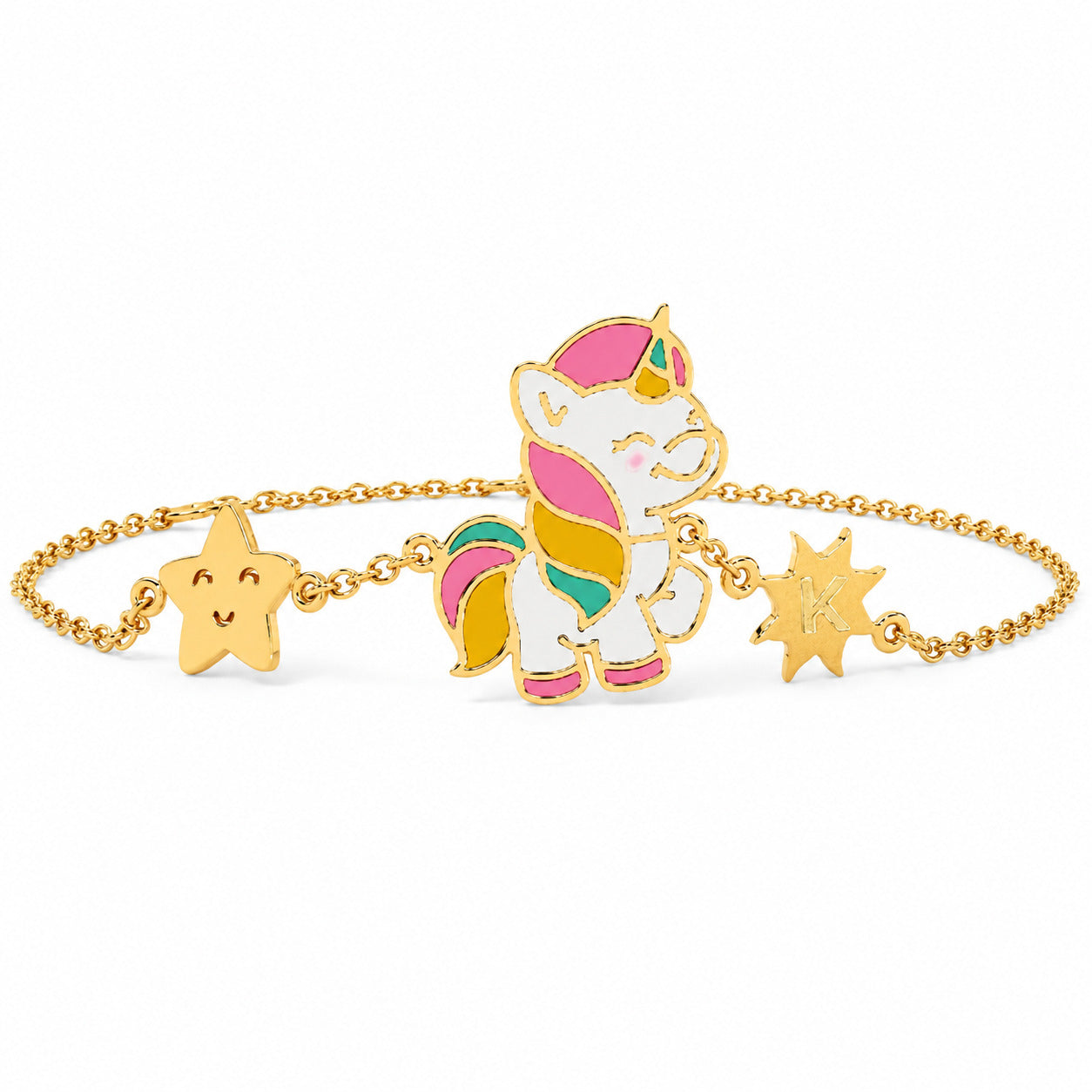 Kids gold bracelet with a multicolor unicorn, smiling star, and initial K charm on a white background