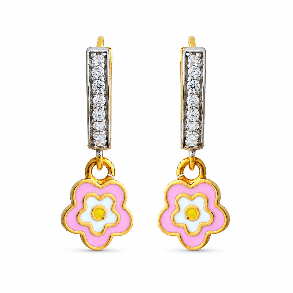 Kids gold drop earrings with clear-stone bars and pink flower charms