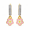 Kids gold drop earrings with clear-stone bars and pink flower charms