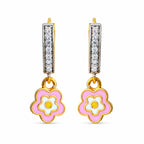 Kids gold drop earrings with clear-stone bars and pink flower charms