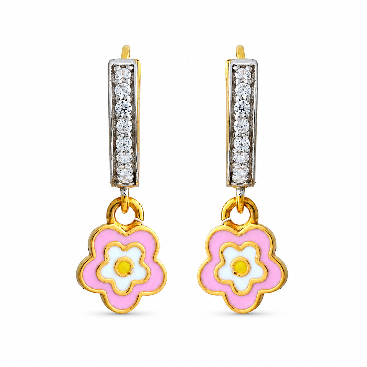 Kids gold drop earrings with clear-stone bars and pink flower charms
