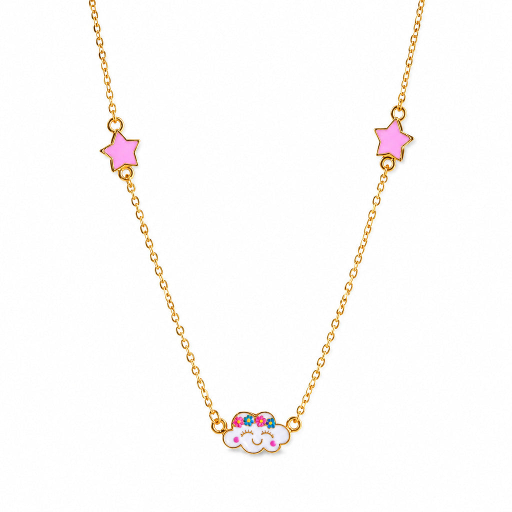 Kids gold necklace with two pink stars and a smiling white cloud centerpiece on a white background