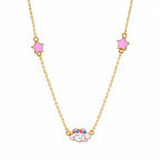 Kids gold necklace with two pink stars and a smiling white cloud centerpiece on a white background