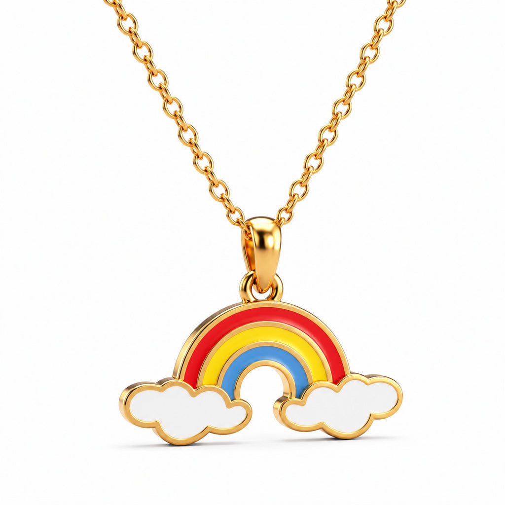 Kids gold necklace with a red, yellow, and blue rainbow pendant and two white clouds