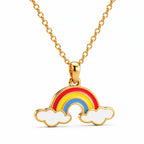 Kids gold necklace with a red, yellow, and blue rainbow pendant and two white clouds