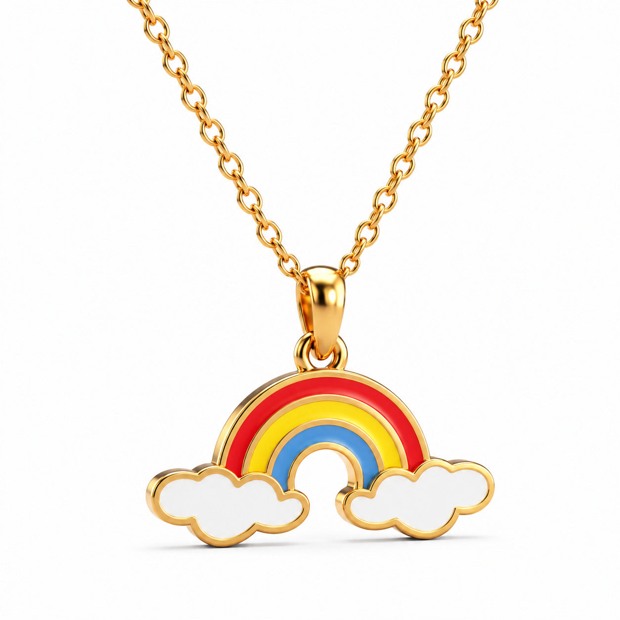 Kids gold necklace with a red, yellow, and blue rainbow pendant and two white clouds