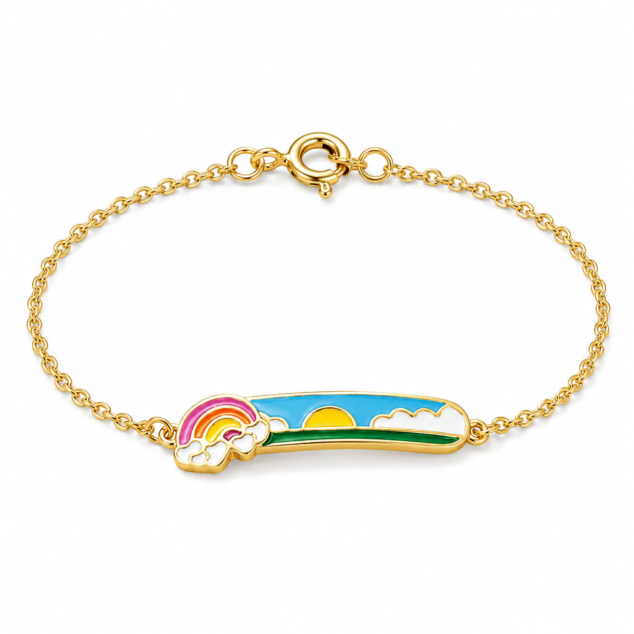Kids gold chain bracelet with a colorful rainbow, sun and cloud design