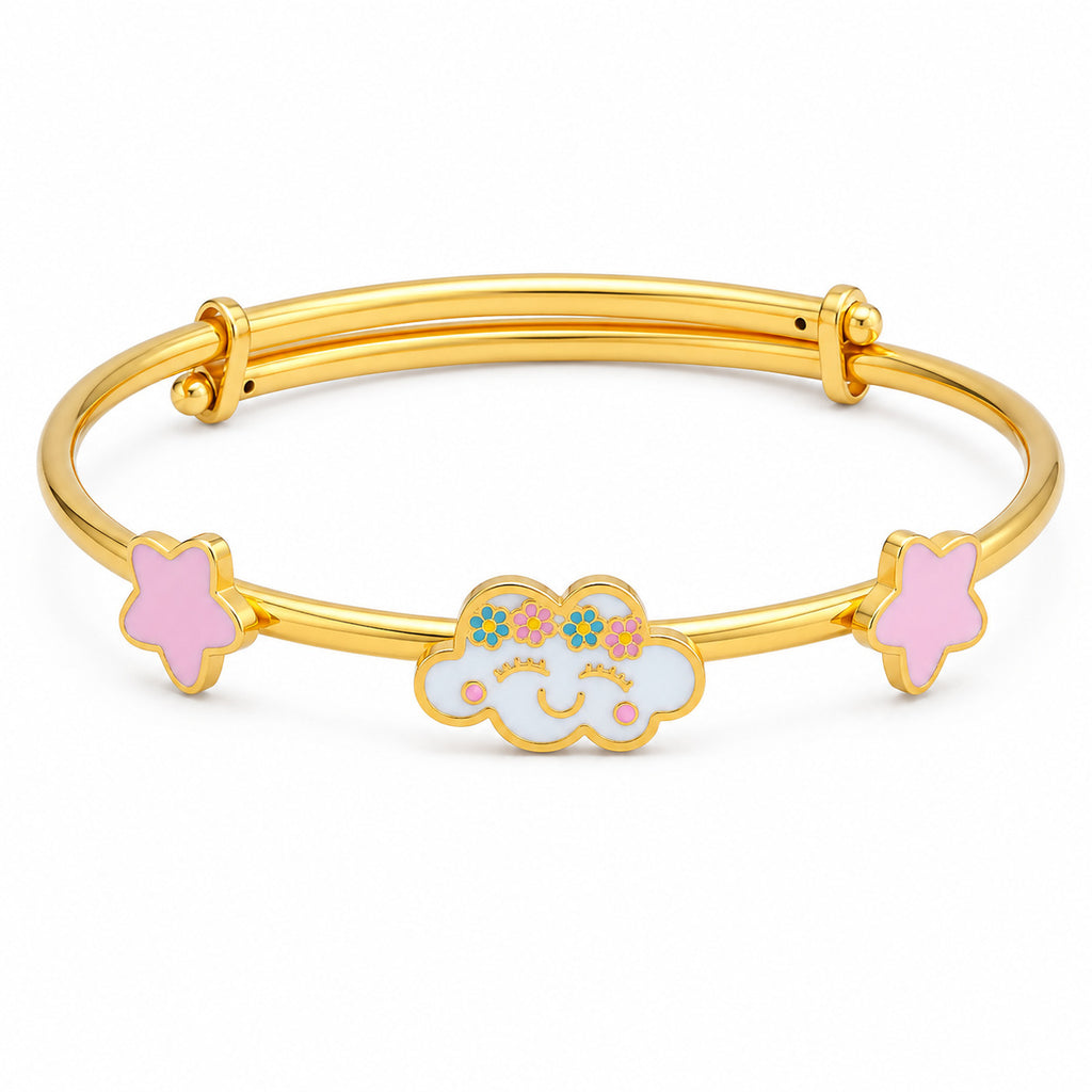 Kids gold bangle with a smiling blue cloud and two pink stars