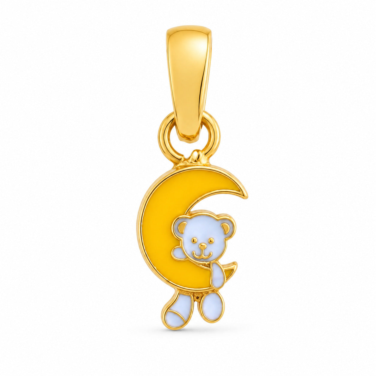 Kids gold pendant with a pale blue teddy bear and yellow crescent moon