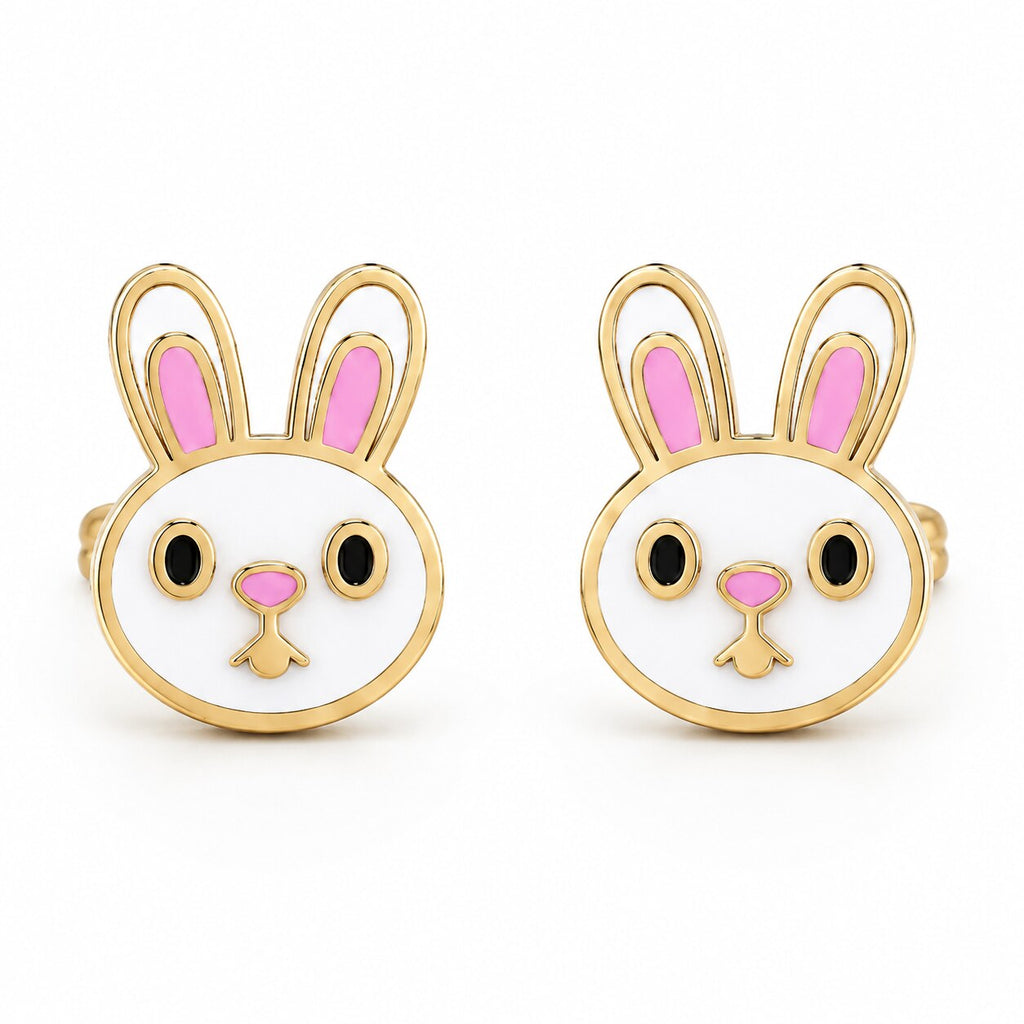 Kids gold stud earrings with white bunny faces and pink ear details