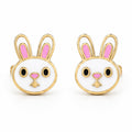Kids gold stud earrings with white bunny faces and pink ear details