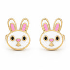 Kids gold stud earrings with white bunny faces and pink ear details