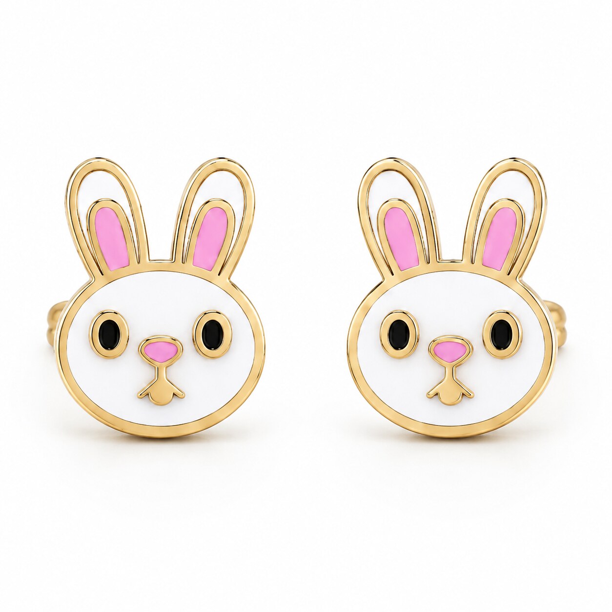 Kids gold stud earrings with white bunny faces and pink ear details