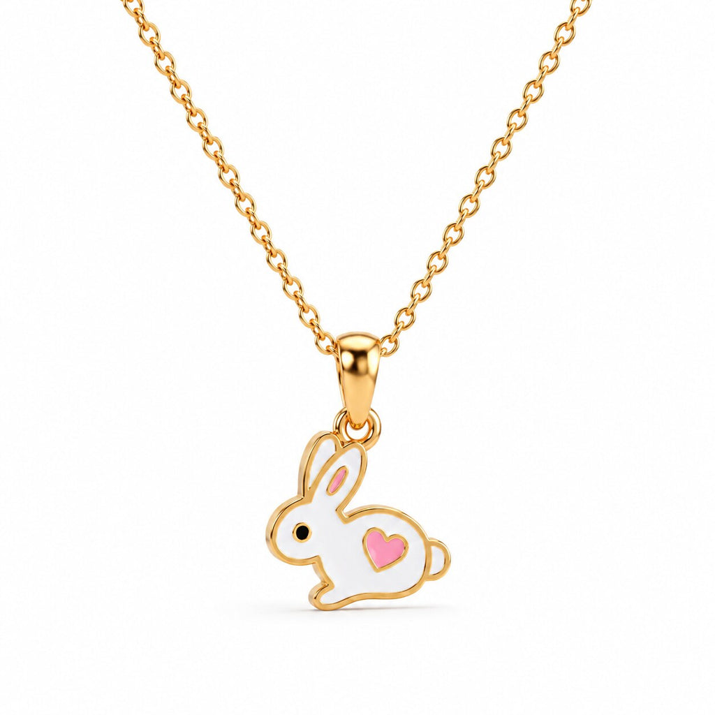 Kids gold necklace with a white bunny and pink heart pendant