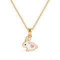 Kids gold necklace with a white bunny and pink heart pendant