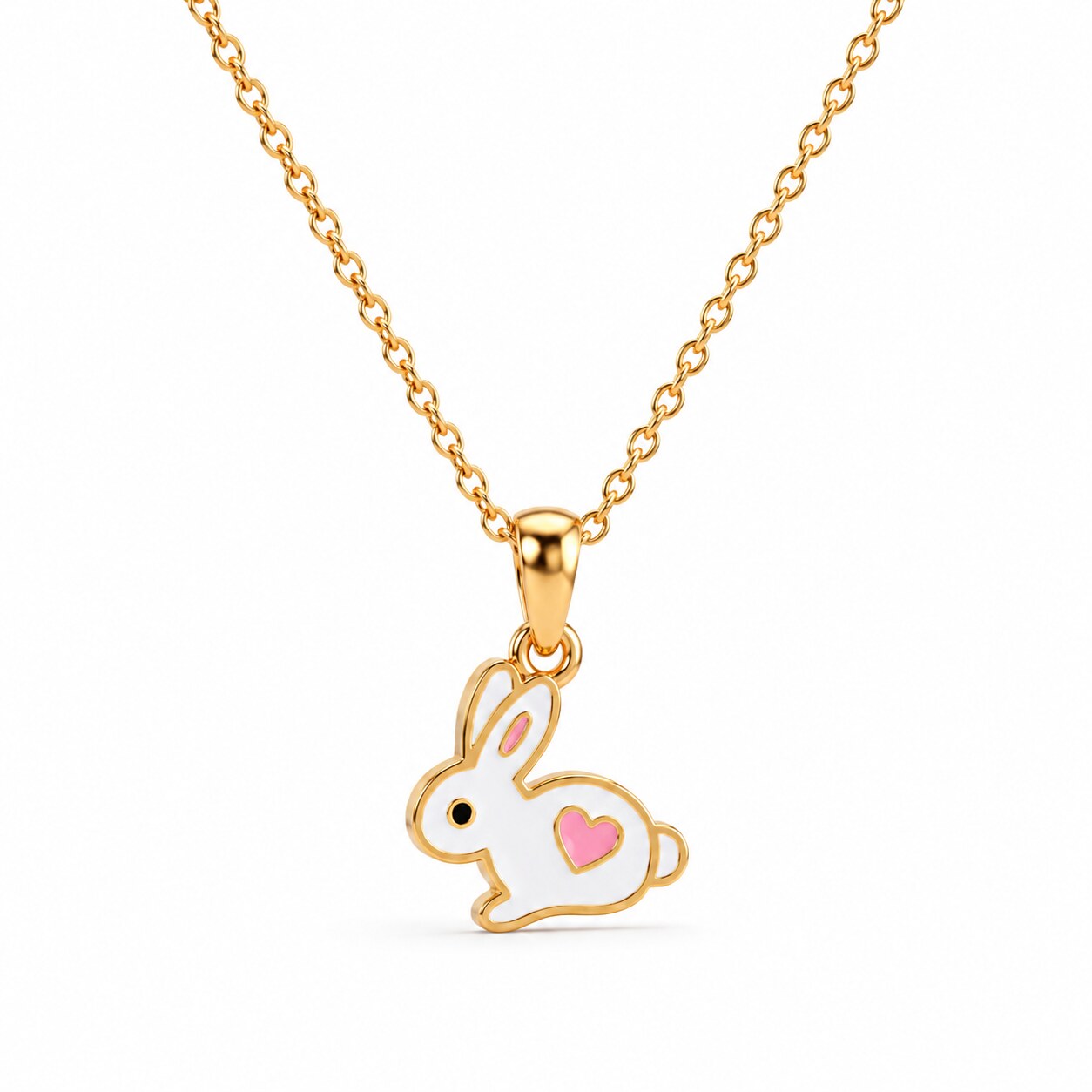 Kids gold necklace with a white bunny and pink heart pendant