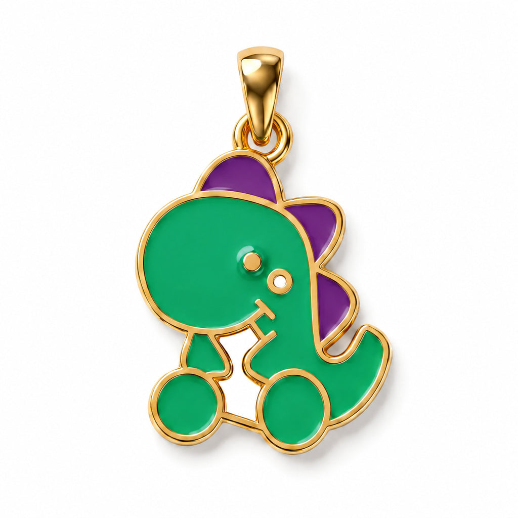 Kids green and purple dinosaur pendant with gold-tone outlines on a white background