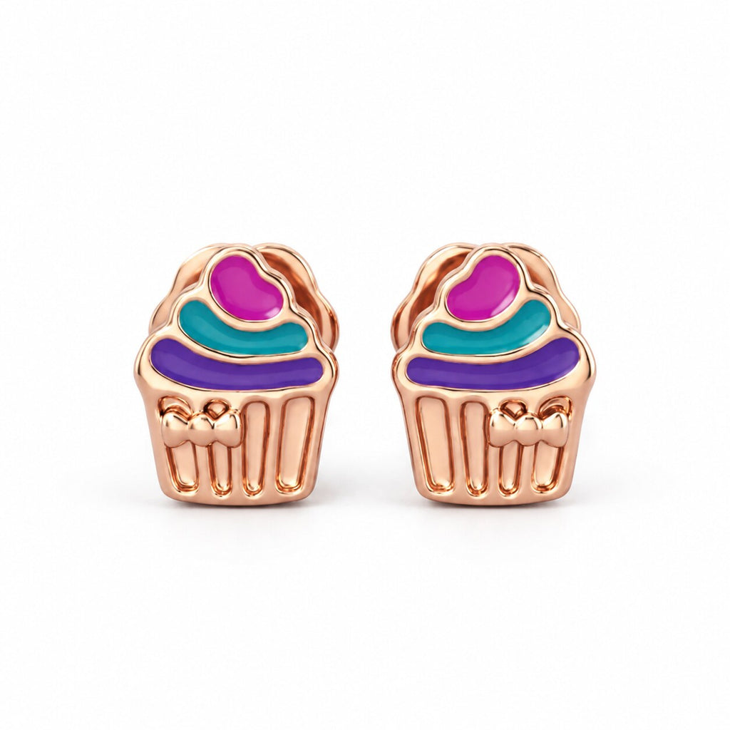 Kids rose gold cupcake stud earrings with magenta turquoise and purple details