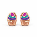 Kids rose gold cupcake stud earrings with magenta turquoise and purple details