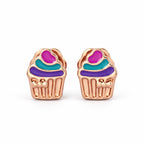 Kids rose gold cupcake stud earrings with magenta turquoise and purple details