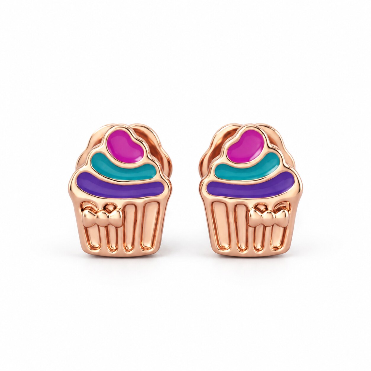 Kids rose gold cupcake stud earrings with magenta turquoise and purple details