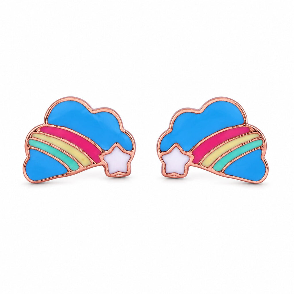 Kids rose gold stud earrings with blue rainbow clouds and white stars
