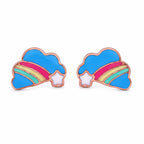 Kids rose gold stud earrings with blue rainbow clouds and white stars