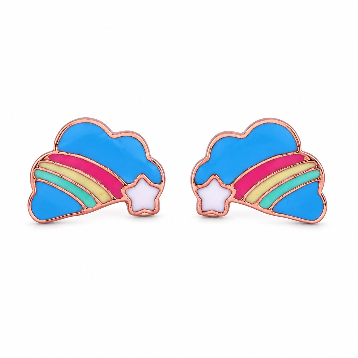 Kids rose gold stud earrings with blue rainbow clouds and white stars
