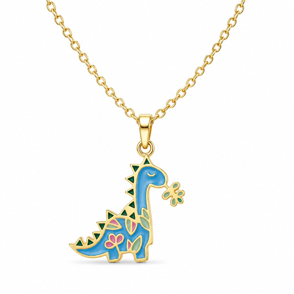 Kids yellow gold necklace with a colorful blue long-neck dinosaur pendant