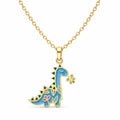 Kids yellow gold necklace with a colorful blue long-neck dinosaur pendant