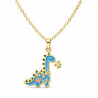 Kids yellow gold necklace with a colorful blue long-neck dinosaur pendant