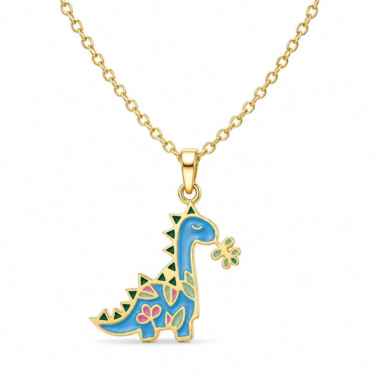 Kids yellow gold necklace with a colorful blue long-neck dinosaur pendant