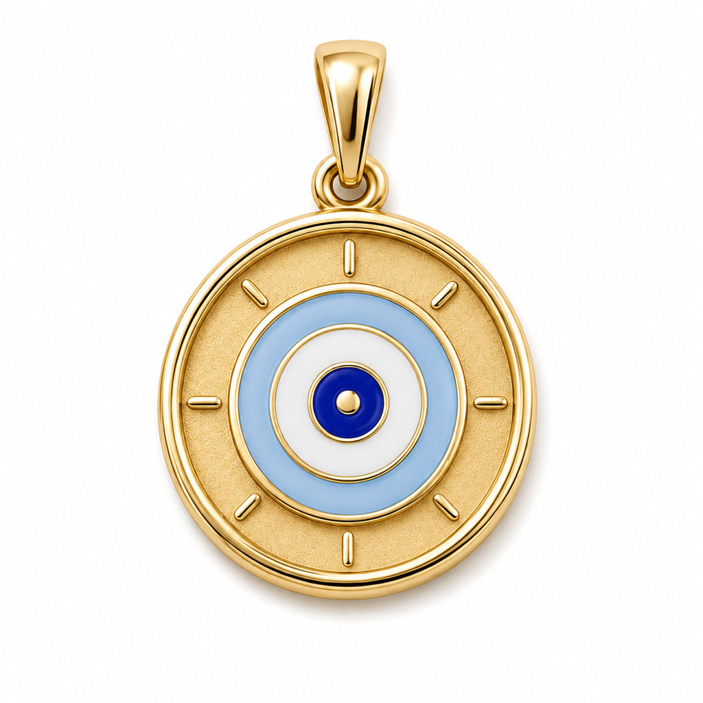 Kids yellow gold round evil eye pendant with layered blue and white details on a white background
