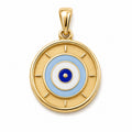 Kids yellow gold round evil eye pendant with layered blue and white details on a white background
