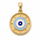 Kids yellow gold round evil eye pendant with layered blue and white details on a white background