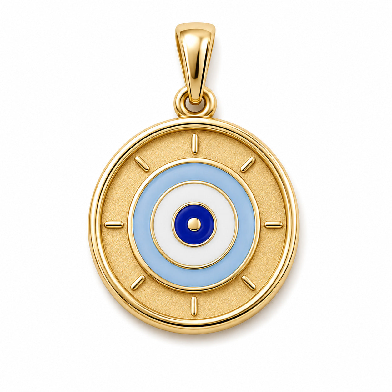 Kids yellow gold round evil eye pendant with layered blue and white details on a white background