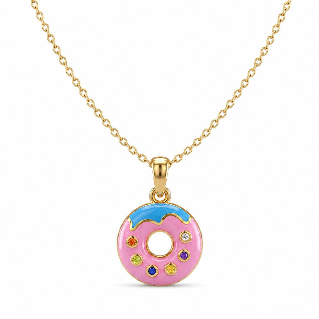 14K Yellow Gold Pink Enamel Donut Pendant for Kids