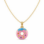 14K Yellow Gold Pink Enamel Donut Pendant for Kids