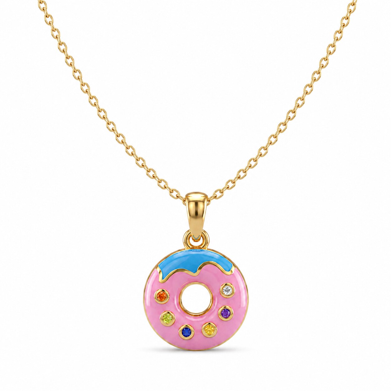 14K Yellow Gold Pink Enamel Donut Pendant for Kids