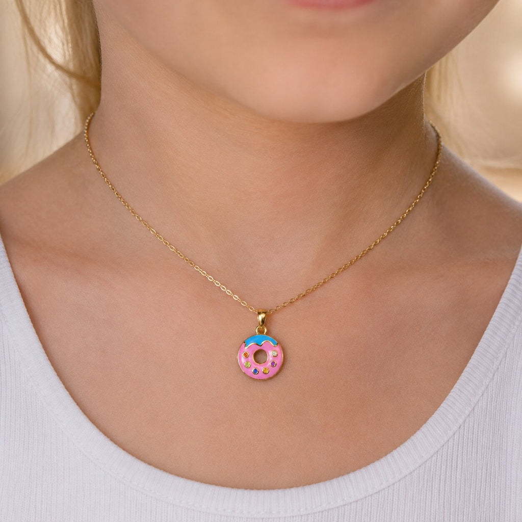 14K Yellow Gold Pink Enamel Donut Pendant for Kids