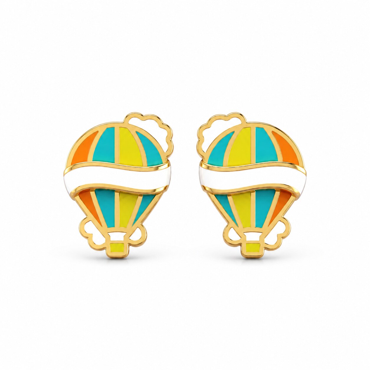 Kids yellow gold hot air balloon stud earrings with colorful panels