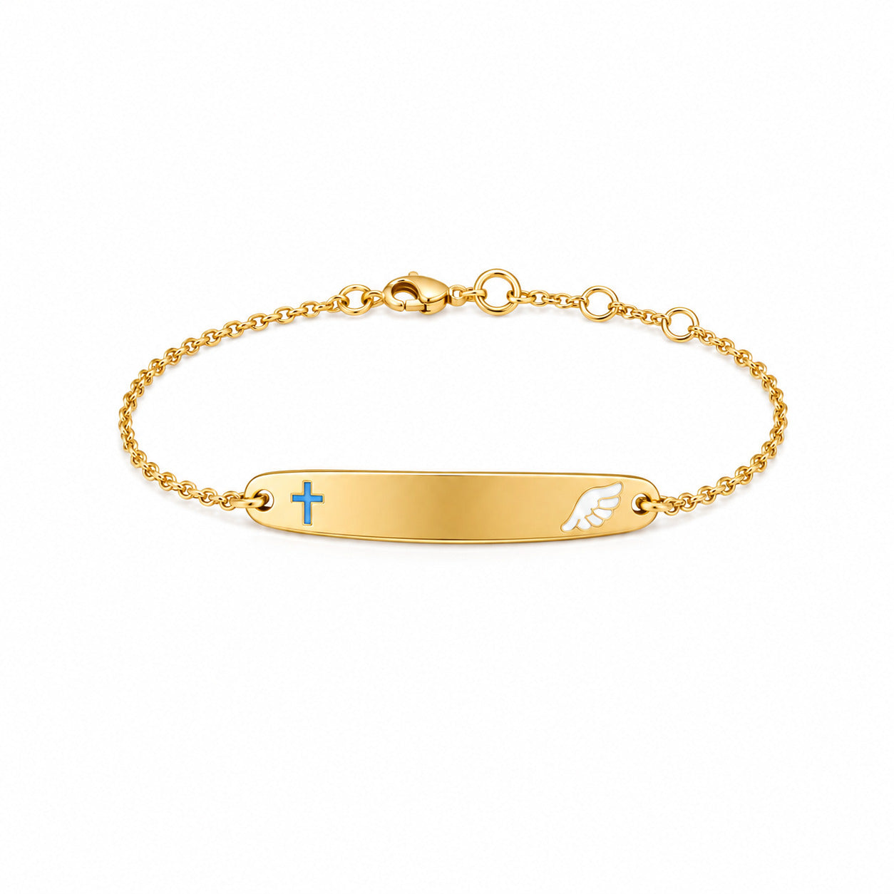 Kids yellow gold ID bracelet with blue cross and white angel wing